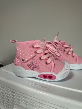 Girls Pink High-Top Canvas Sneakers with Heart & Butterfly Details